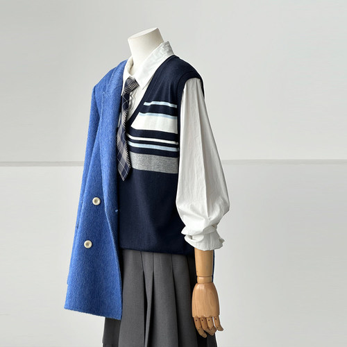 秋冬新减龄学院风高级感条纹拼色假两件套针织衫女显瘦毛衣ZZ044