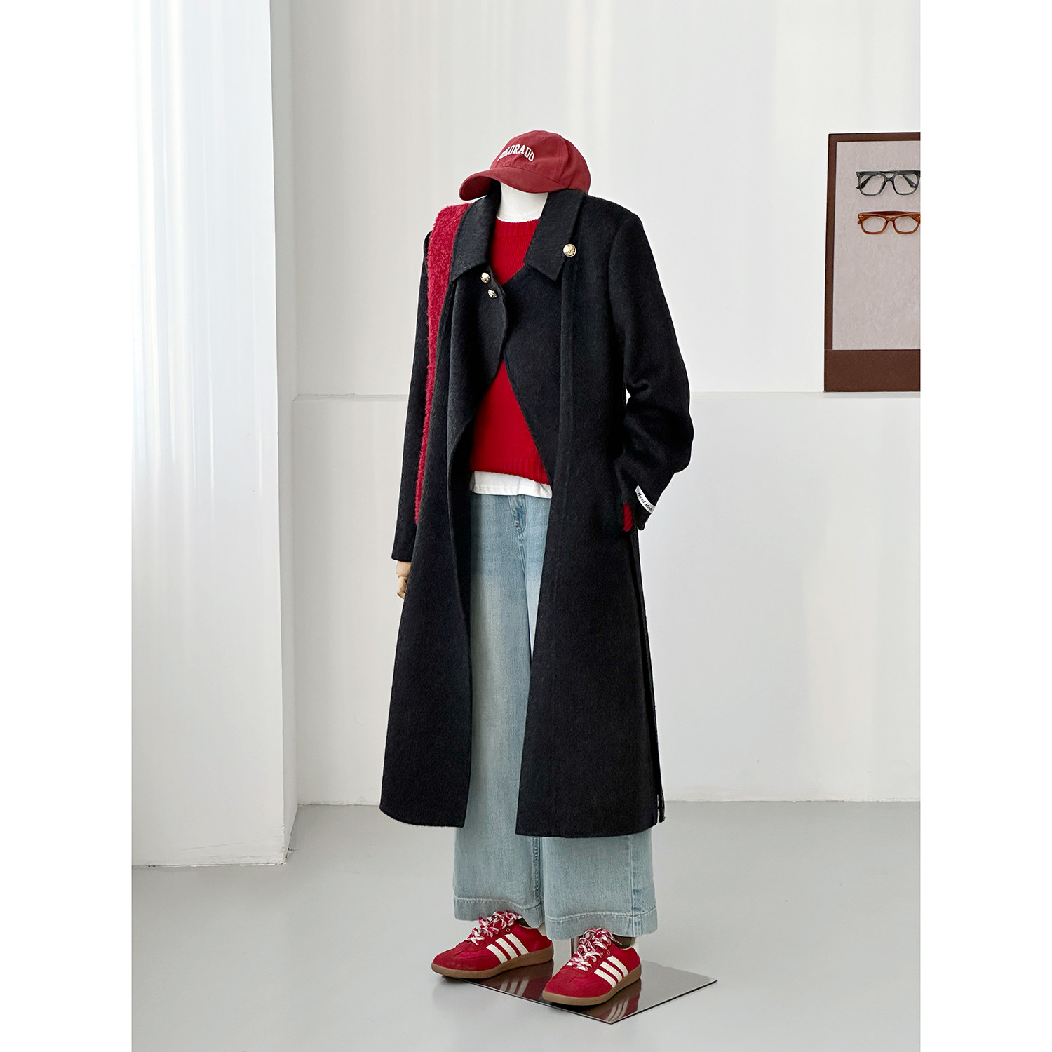 满减老钱风黑色金扣毛呢大衣女中长款西装领单排扣外套HL20