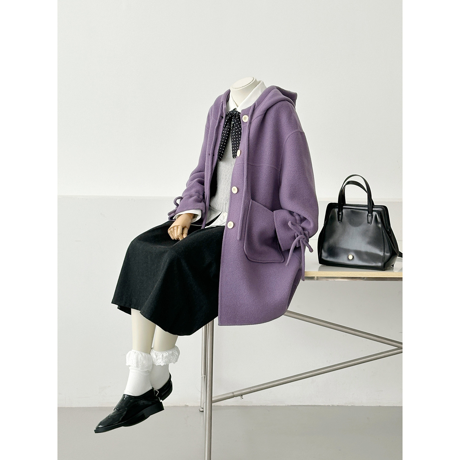 学院风连帽毛呢蝴蝶结减龄大衣女中长款紫色宽松羊毛外套FS11