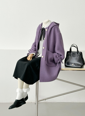 学院风连帽毛呢蝴蝶结减龄大衣女中长款紫色宽松羊毛外套FS11