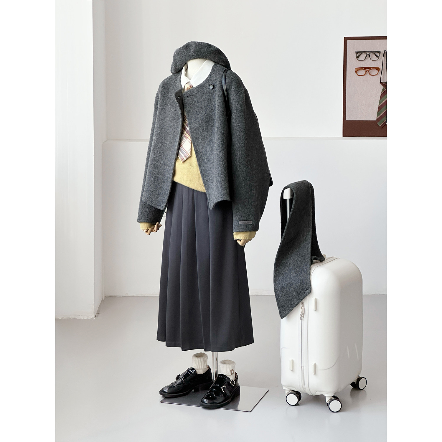 秋冬减龄韩系学院风灰色围巾百搭手缝绵羊毛大衣外套Y193