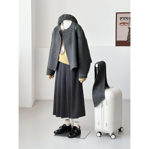 秋冬减龄韩系学院风灰色围巾百搭手缝绵羊毛大衣外套Y193