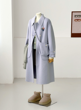 满减学院毛呢大衣女中长紫色翻领带挎包双排扣气质高级感外套ZX14