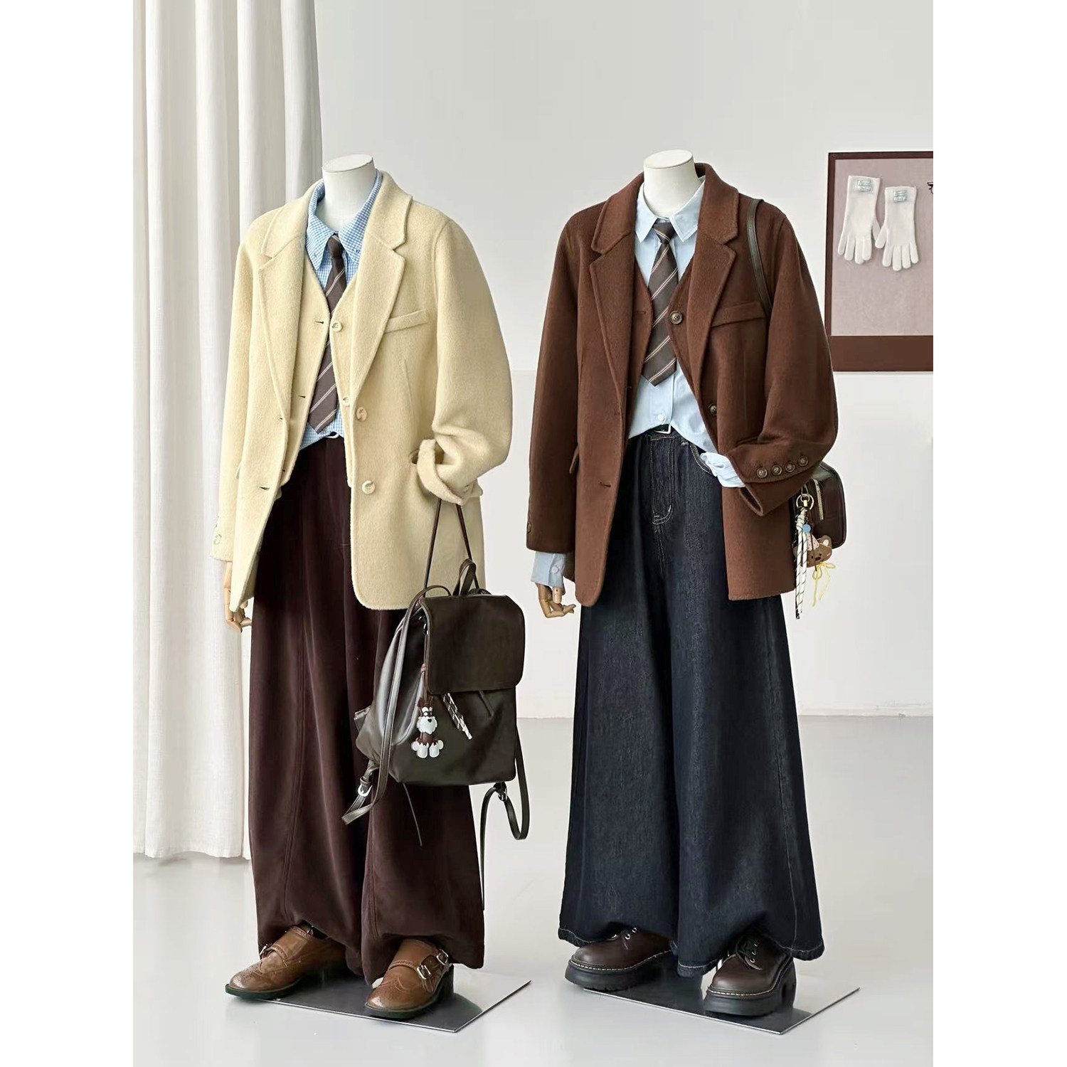 学院风毛呢西装外套女百搭通勤假两件老钱风通勤大衣秋冬HL154