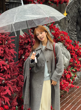 秋冬新法式慵懒风灰人字纹长款毛呢外套女单排扣高级感大衣XL007