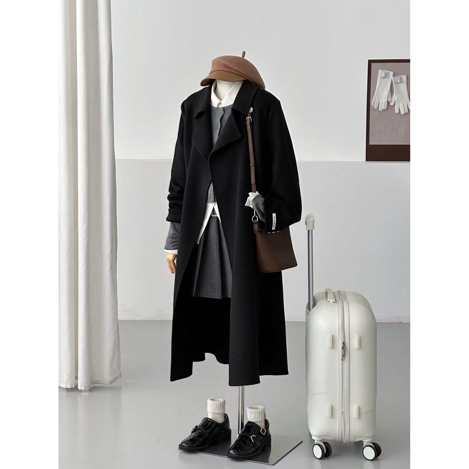 满减老钱风黑色毛呢大衣女中长款西装领金扣高级感外套HL20