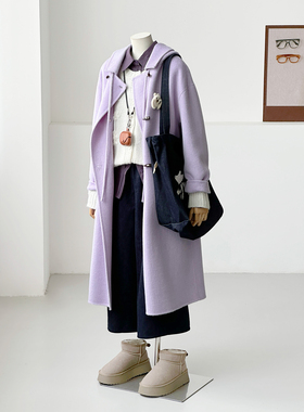 满减学院娃娃领毛呢大衣女长款紫色抽绳连帽长款减龄百搭外套ZX16