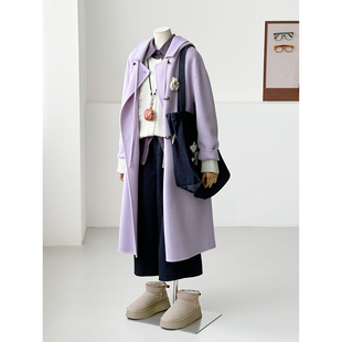 满减学院娃娃领毛呢大衣女长款 减龄百搭外套ZX16 紫色抽绳连帽长款
