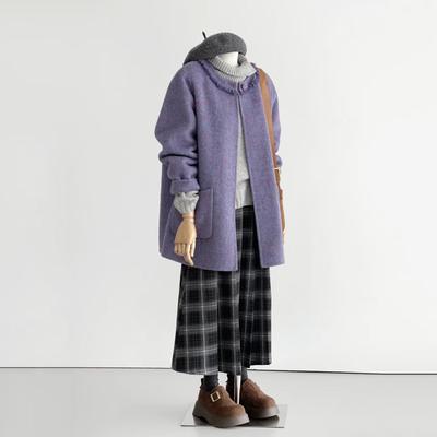 春冬新双面手缝羊毛紫色毛呢外套女减龄杂色慵懒气质冬季HL125