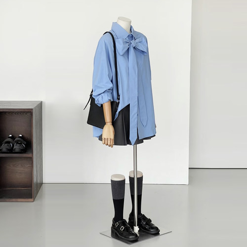 秋冬新显瘦小个子休闲减龄少女学院蓝色蝴蝶结系带衬衫上衣CS062