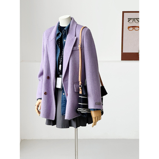 满减【极光紫罗】冬减龄小个子时尚百搭手缝绵羊毛大衣外套HL27-3