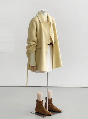 冬奶黄色女呢子大衣气质高级感双面手缝羊毛大衣减龄系带HL117