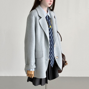 秋冬新显瘦小个子山羊绒减龄少女蓝紫学院羊毛毛呢大衣外套HL143
