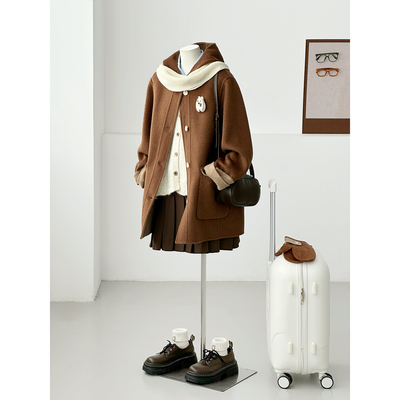 学院风连帽毛呢大衣女中长款宽松显瘦小个子棕色外套FS08