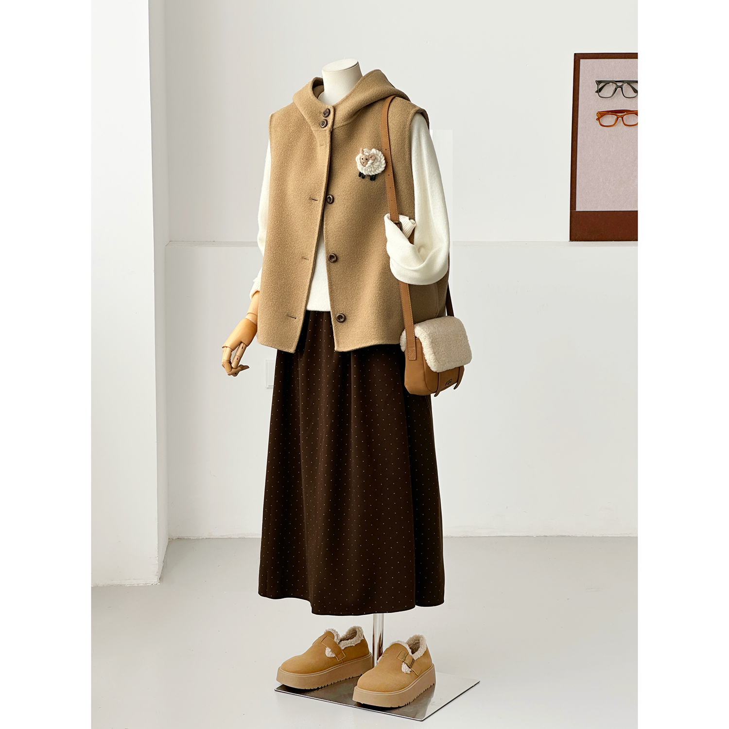 复古日杂风羊毛马甲女中长款驼色百搭小个子毛呢外套ZX20