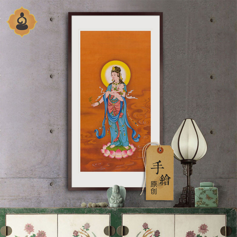 手绘真迹工笔佛像国画送子观音菩萨画像玄关书房佛堂供奉画框挂画
