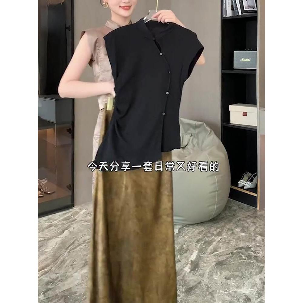新中式国风醋酸大理石纹半身裙女字中长款开叉气质减龄包臀裙子