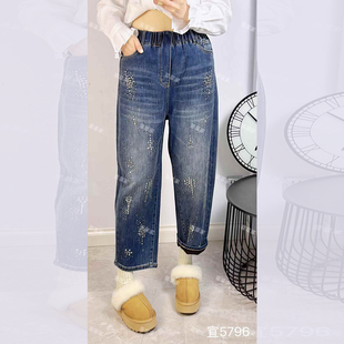 宜语析5796冬加大码拉绒牛仔裤女 190斤胖妹mm松紧高腰九分老爹裤