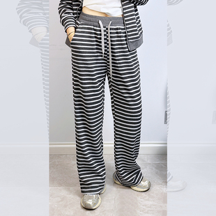 宜语析5653-1秋冬加大码拖地裤女 190斤胖妹mm洋气条纹阔腿长裤子