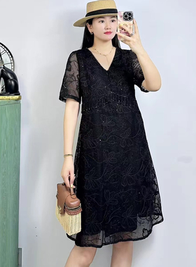 特！香港芸卉25642夏大码连衣裙 200斤胖妹mm高腰显瘦V领短袖中裙