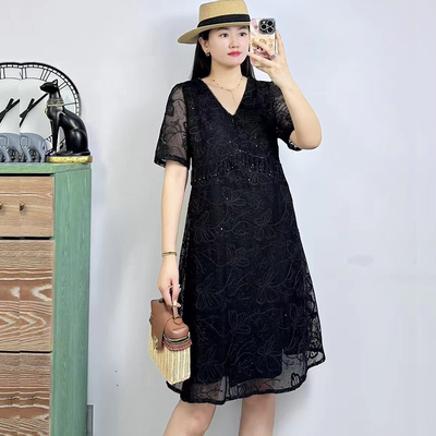 特！香港芸卉25642夏大码连衣裙 200斤胖妹mm高腰显瘦V领短袖中裙