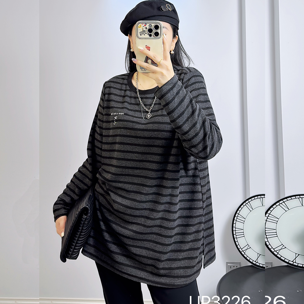 UP3226冬加大码磨毛卫衣女 210斤胖妹mm纯棉条纹长袖中长打底衫厚