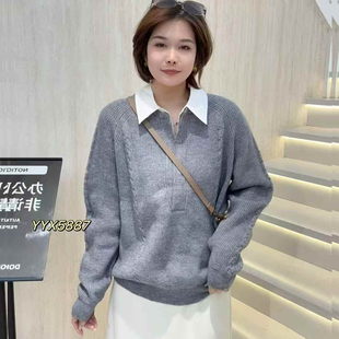 宜语析5887新春加大码针织衫 200斤胖妹mm衬衫领长袖假两件套毛衣