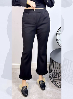 珂颖2107冬大码加绒微喇裤女 210斤胖妹mm松紧中腰显瘦九分喇叭裤