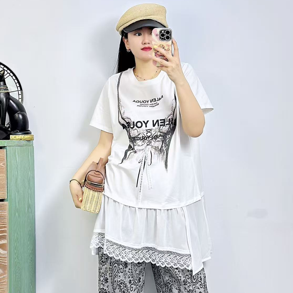 特！5205夏加大码T恤女 200斤胖妹mm荷叶边雪纺拼接短袖中长衫