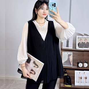 210斤胖mm妹A字型压褶中长假两件 女 香港芸卉25327春加大码 雪纺衫