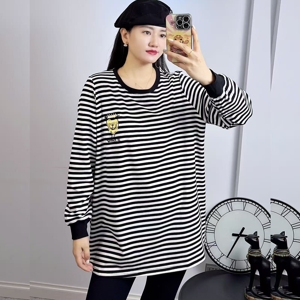 珂颖1052冬加大码卫衣女 210斤胖妹m纯棉条纹长袖T恤中长款打底衫