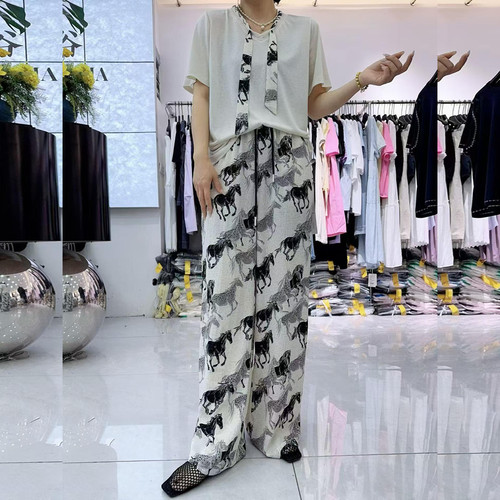 宜语析6236夏加大码套装女 200斤胖妹m超薄天丝短袖T恤阔腿拖地裤