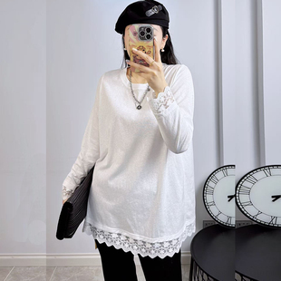 女 T恤打底衫 210斤胖妹mm雪花棉蕾丝边卫衣 长袖 珂颖1153冬加大码