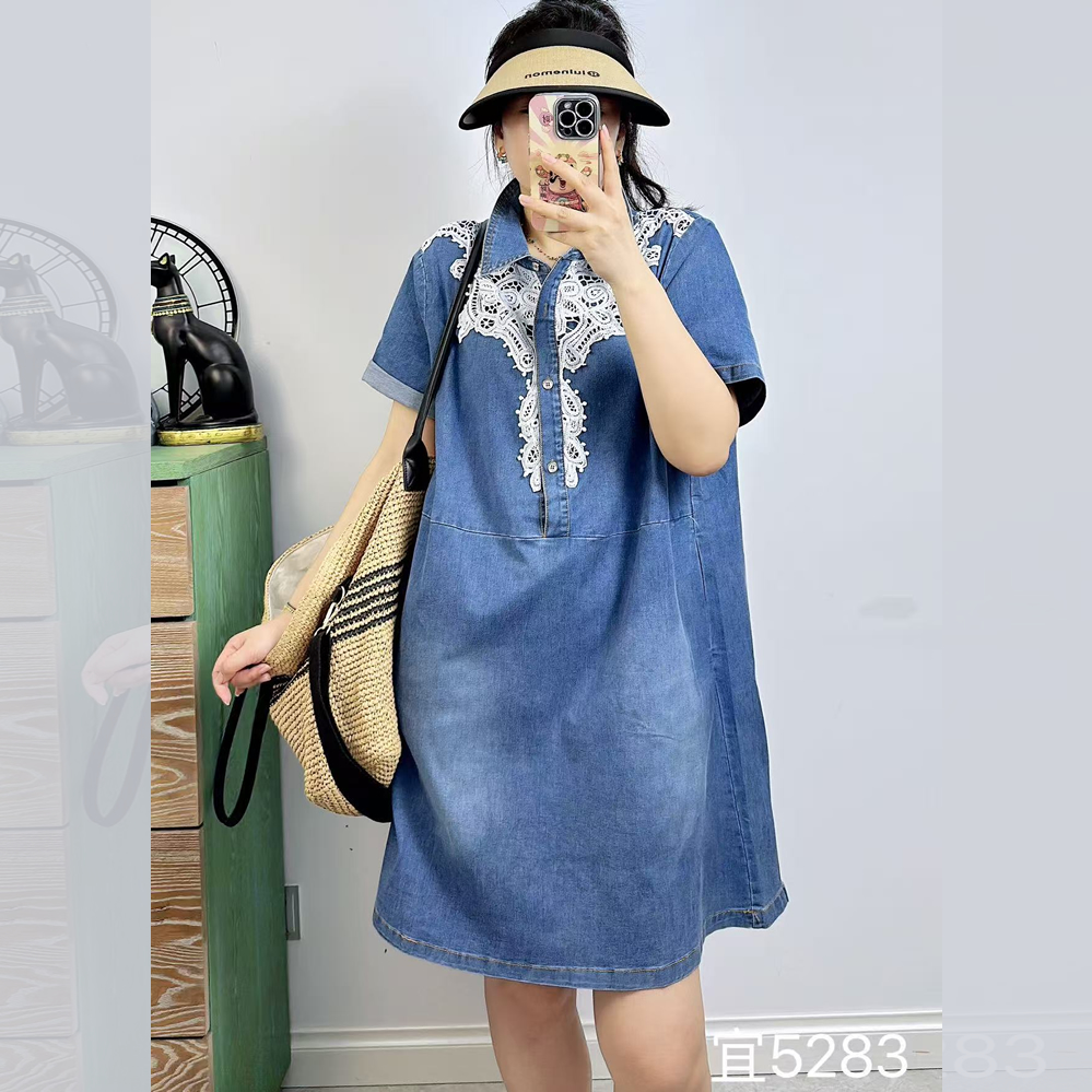 特！5283夏加大码连衣裙 180斤胖妹mA字型翻领短袖休闲牛仔中裙