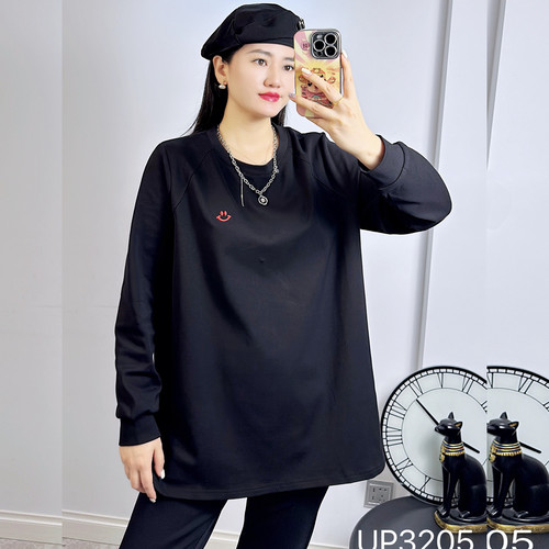 UP3205冬加大码磨毛卫衣女 200斤胖妹mm纯棉拉绒长袖开叉中长衫厚