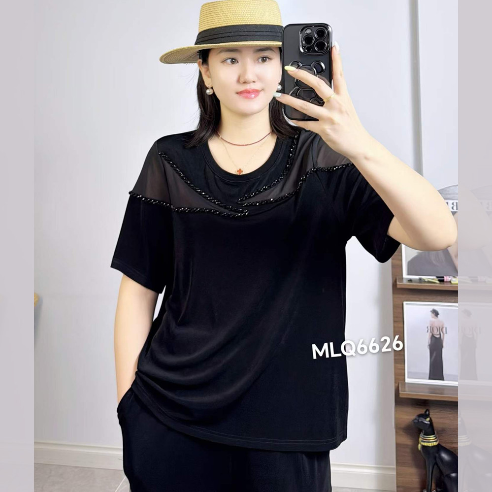 米莱奇6626夏加大码短袖T恤女 200斤胖妹m摩根丝高弹力时装打底衫