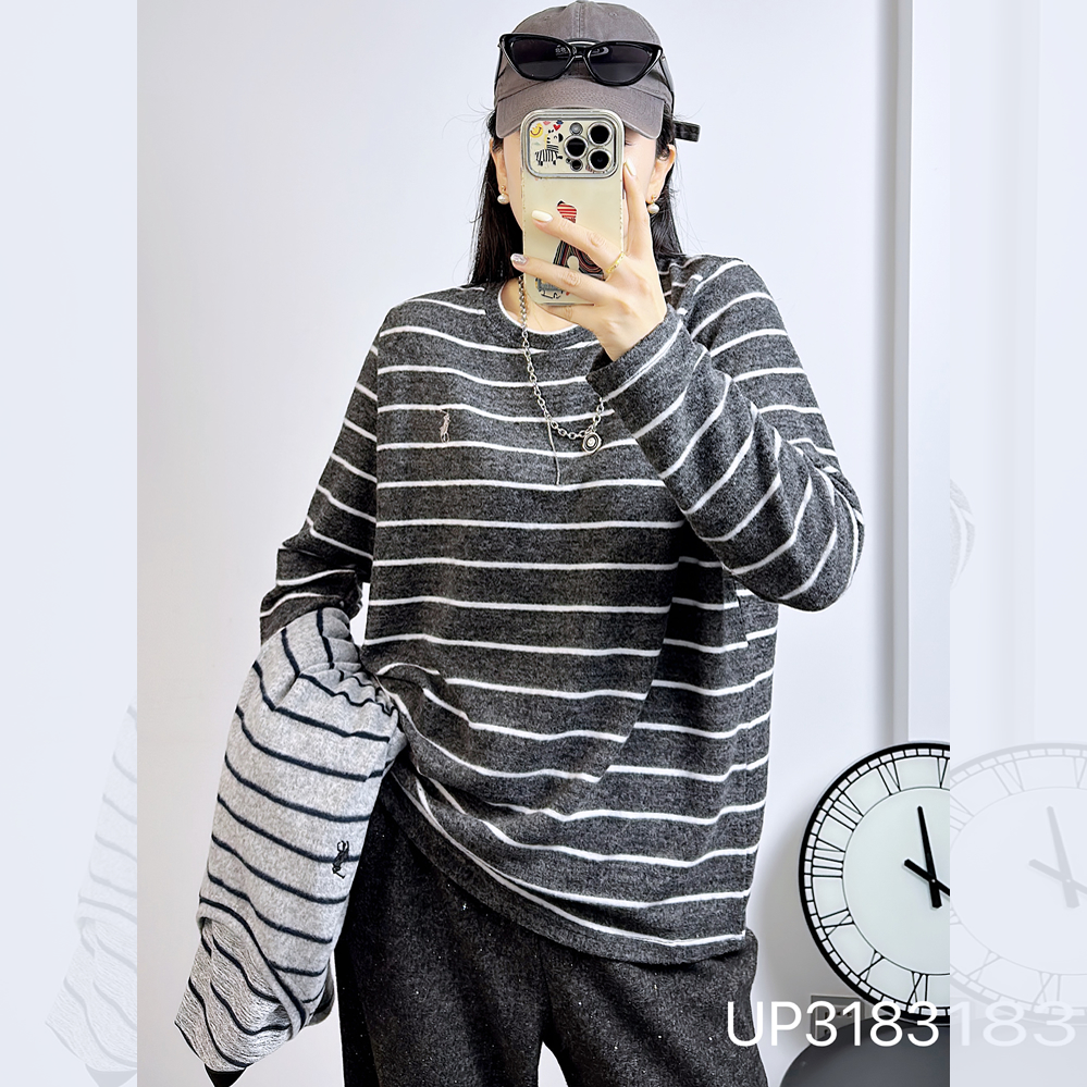 UP3183冬加大码卫衣女 200斤胖妹m纯棉磨毛长袖条纹厚料T打底绒衫