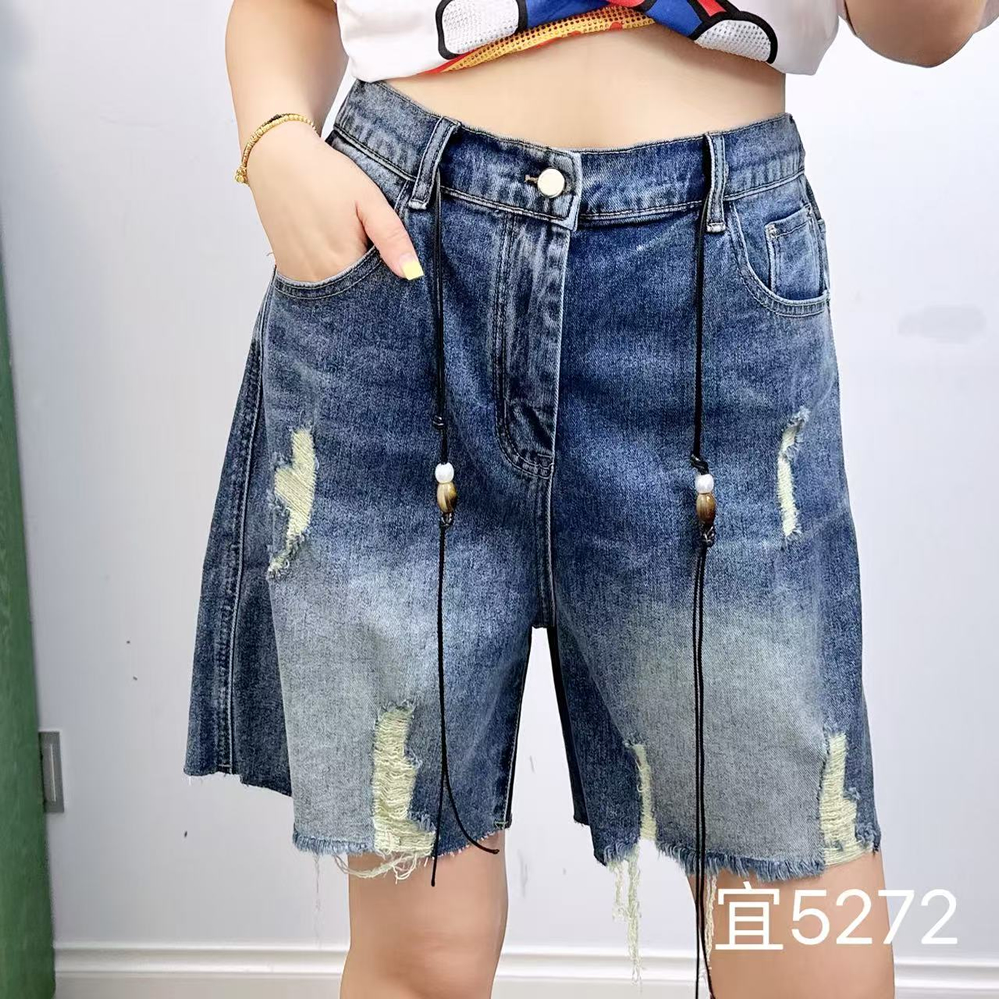 宜语析5272夏加大码牛仔短裤女 190斤胖妹mm半松紧腰破洞毛边热裤