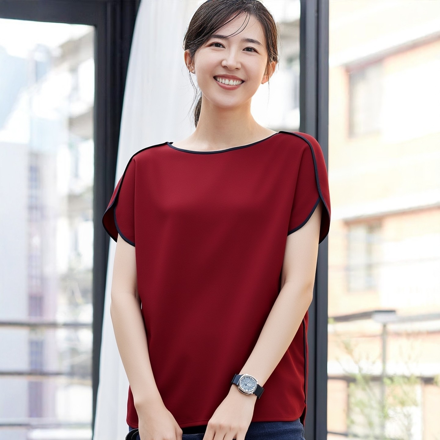 M@K 红色雪纺修身上衣高级感撞色设计感气质衬衫女小个子夏季薄款