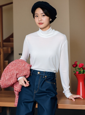 白色高领堆堆领 翻领打底衫长袖T恤女秋冬简约修身纯棉内搭