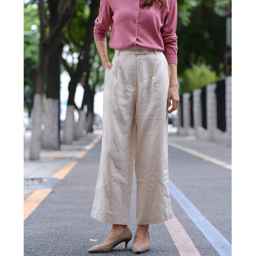 高腰卡其色亚麻裤直筒宽松显瘦阔腿裤长裤小个子裤子女夏季薄款