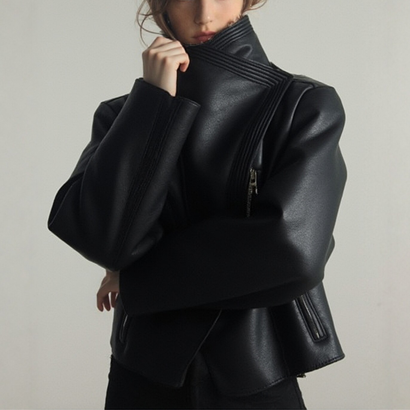 黑色修身皮衣外套斜拉链 EGO1ST 机车夹克女装小个子今年流行爆款