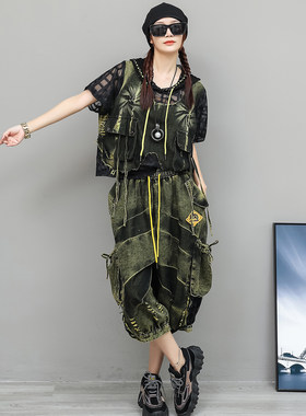 个性时尚套装女夏做旧牛仔拼接网眼连帽上衣宽松阔腿七分裤两件套