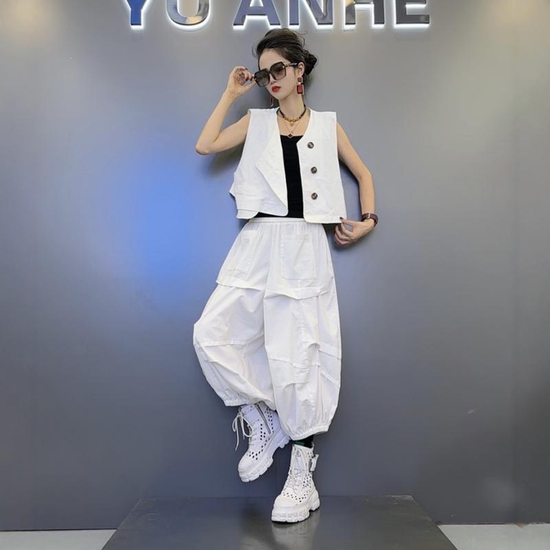 个性百搭纯色单排扣马甲阔腿八分灯笼裤两件套女夏款帅气时尚套装