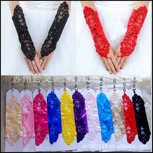 新娘结婚纱手套 勾指 玫红色 无指缎面对花手工缝珠S03多颜色可选