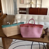 超大容量撞色格子手工编织包 篮子手提包托特出行包购物包宠物包