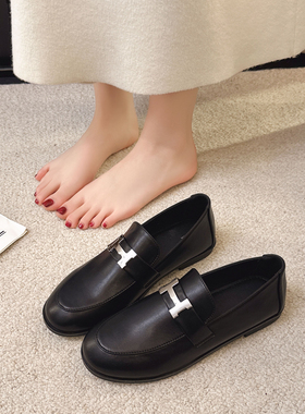 H扣平底乐福鞋女2026春新款英伦风一脚蹬黑色小皮鞋时尚平跟单鞋