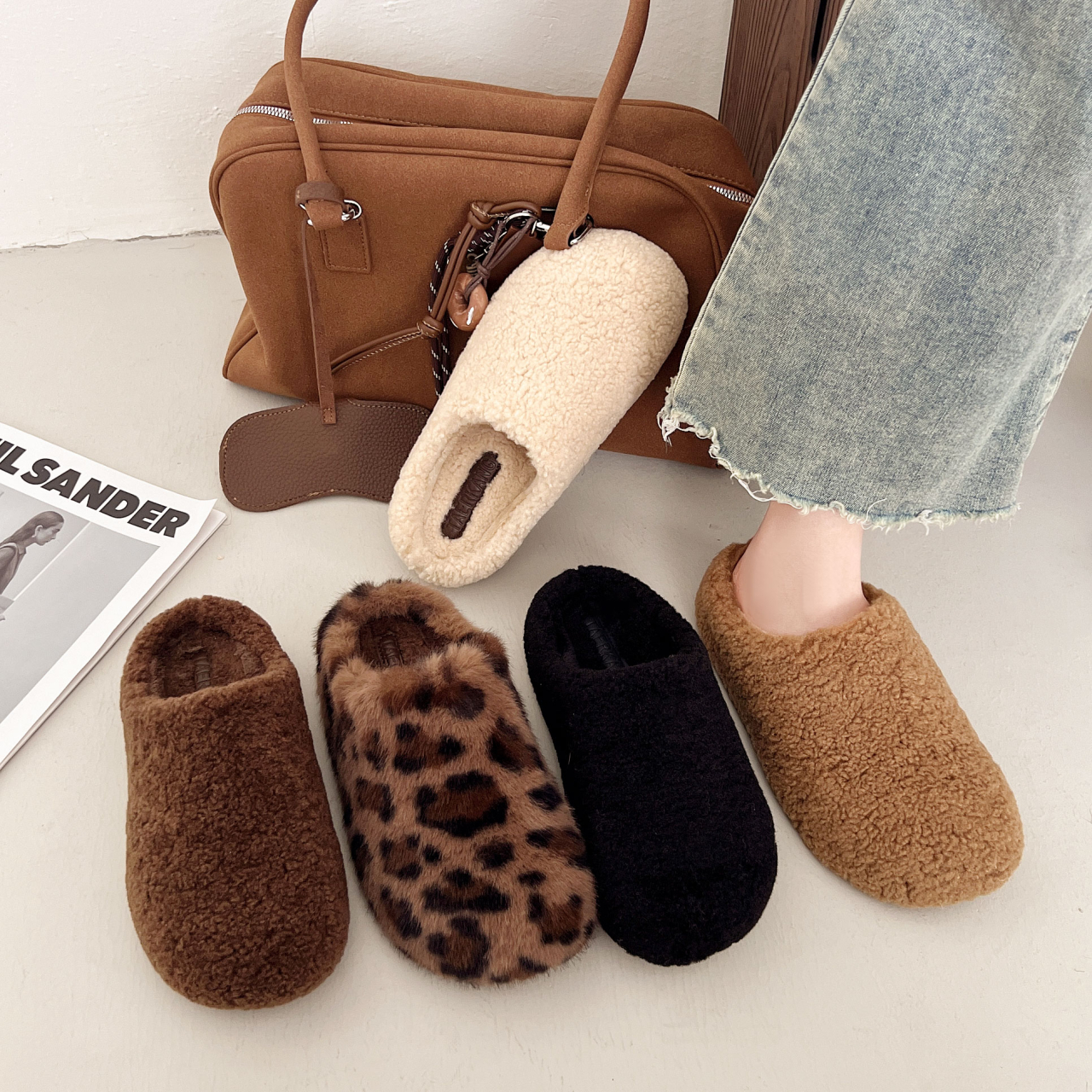 网红毛毛厚底包头半拖懒人棉拖鞋