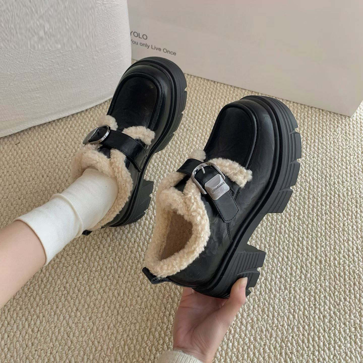 加绒粗跟小皮鞋女厚底增毛毛棉鞋