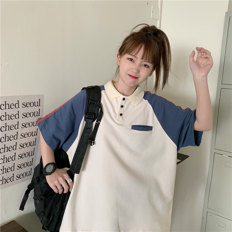實拍韓版學院校服風拼色插肩袖短袖夏季寬鬆潮流T恤